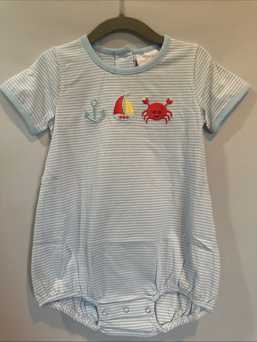 Light Blue Striped Baby Romper with Nautical Embroidery